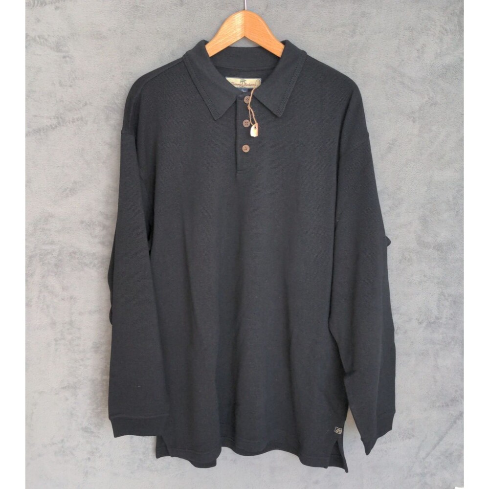 NWT Tommy Bahama Long Sleeve Knit Polo Sz XL Black Horizontal Ribbing 72% Silk
